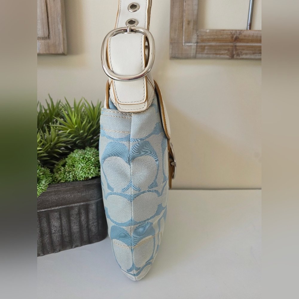 Coach Soho Buckle Hobo Glacier Blue Signature C jacquard White Leather Trim Y2K - Picture 6 of 14